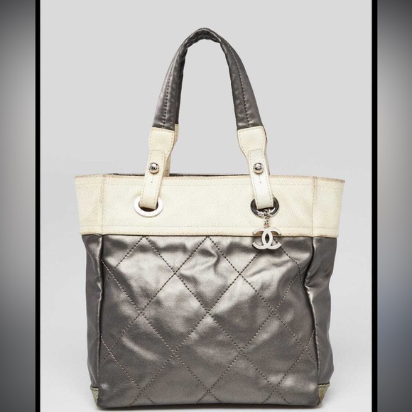 Used] CHANEL Paris Biarritz PM handbag tote bag canvas leather gray ivory/grey - Picture 5 of 16